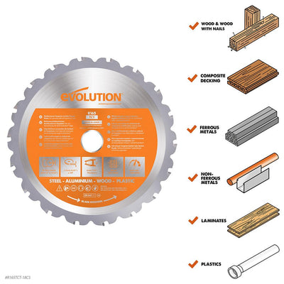 Evolution 165mm Multi-Material Cutting 18T TCT Circular Saw Blade