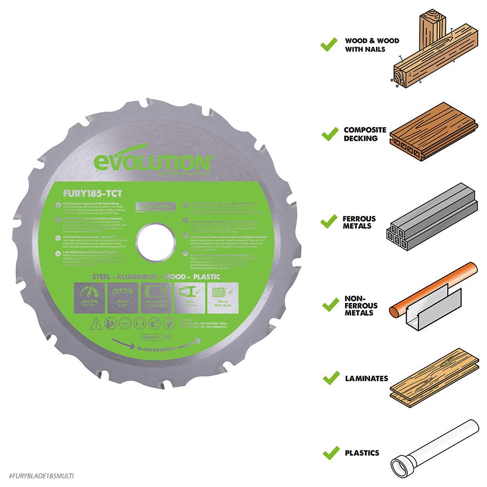 Evolution 185mm Multi-Material Cutting 16T TCT Circular Saw Blade