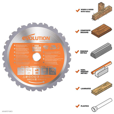 Evolution 185mm Multi-Material Cutting 20T TCT Circular Saw Blade