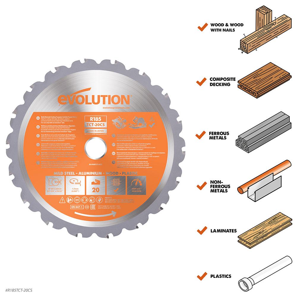 Evolution 185mm Multi-Material Cutting 20T TCT Circular Saw Blade
