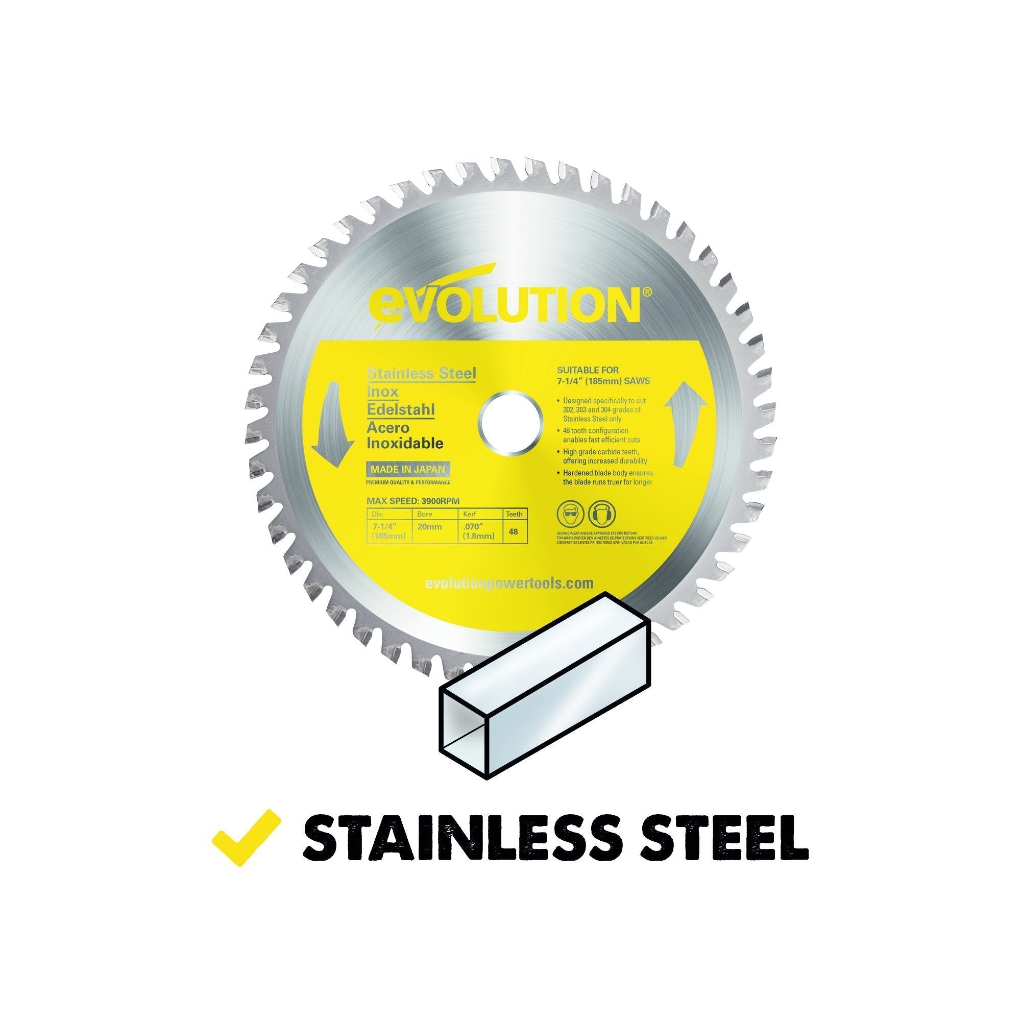 Lame de scie circulaire Evolution 185 mm en acier inoxydable, 48 dents en acier inoxydable.