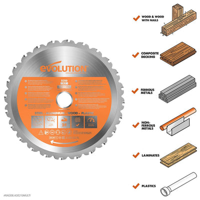 Evolution 210mm Multi-Material Cutting 24T TCT Mitre & Table Saw Blade