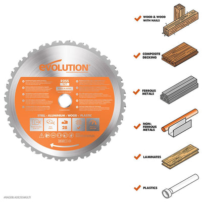 Evolution 255mm Multi-Material Cutting 28T TCT Mitre & Table Saw Blade