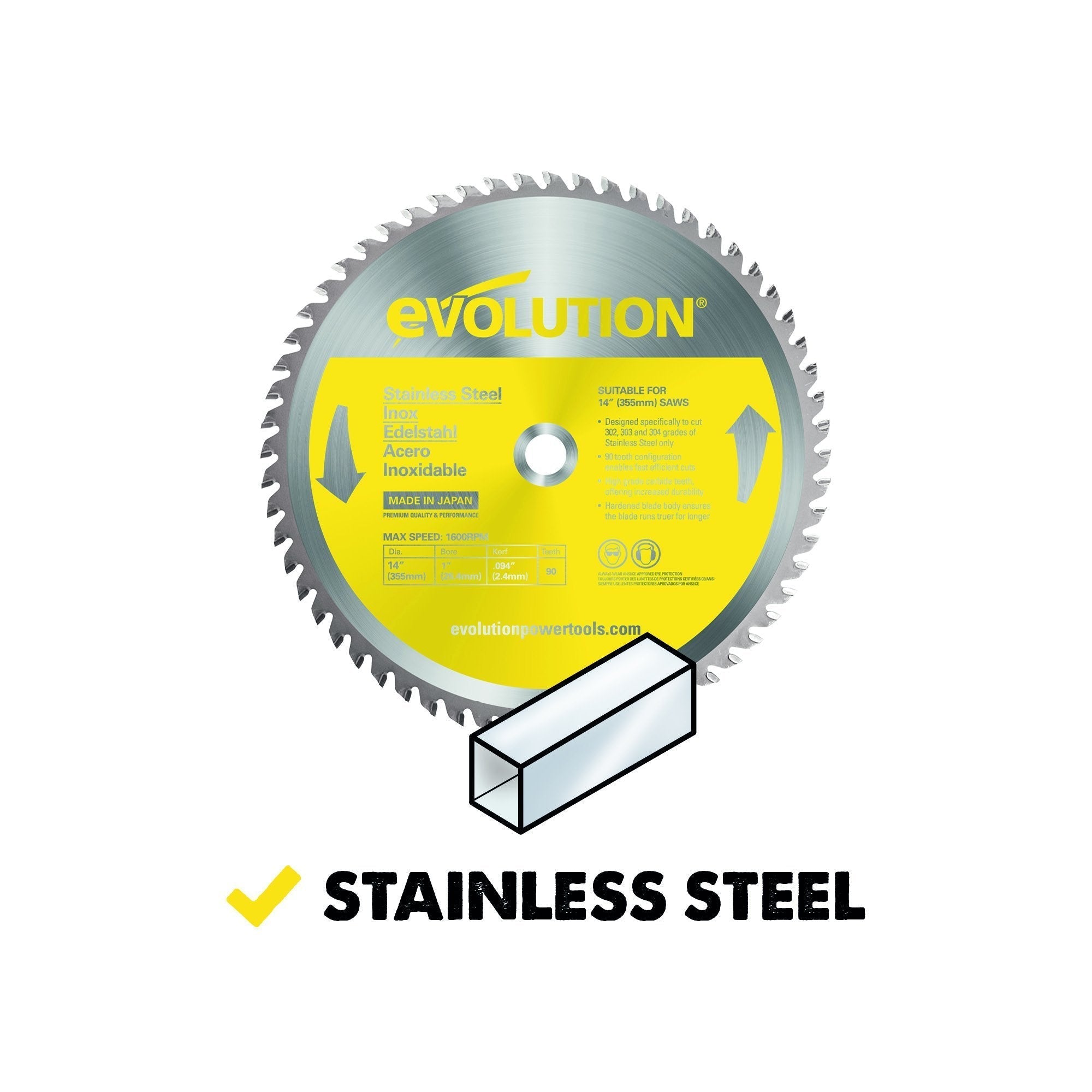 Evolution 355mm Stainless Steel Cutting 90T TCT Chop Saw Blade