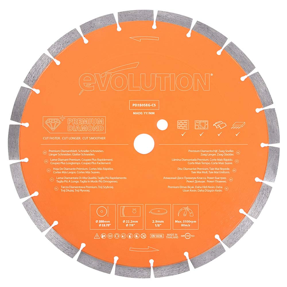 Evolution 350mm Premium Diamond Disc Cutter Blade With High Diamond Concentration, Segmented Edge and 22.2mm Bore