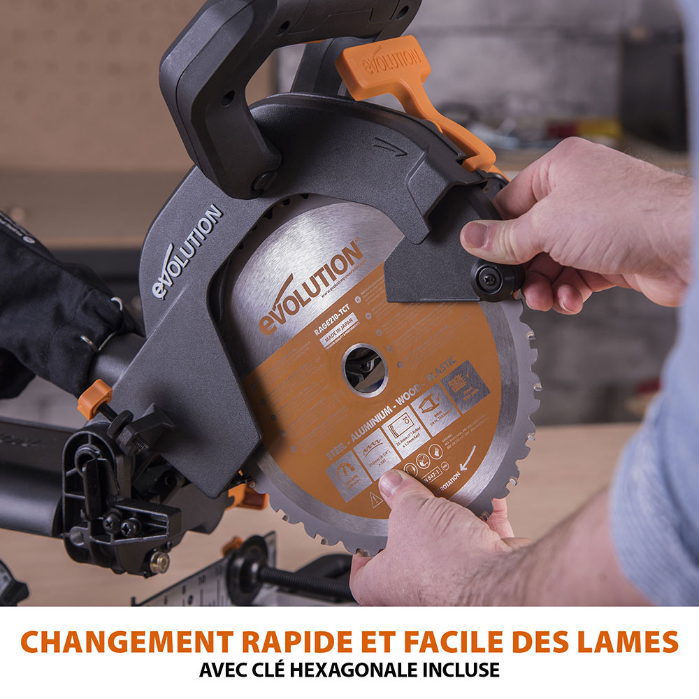 Scie à onglet radiale 210mm Evolution R210SMS+ avec Lame multi-matériaux TCT