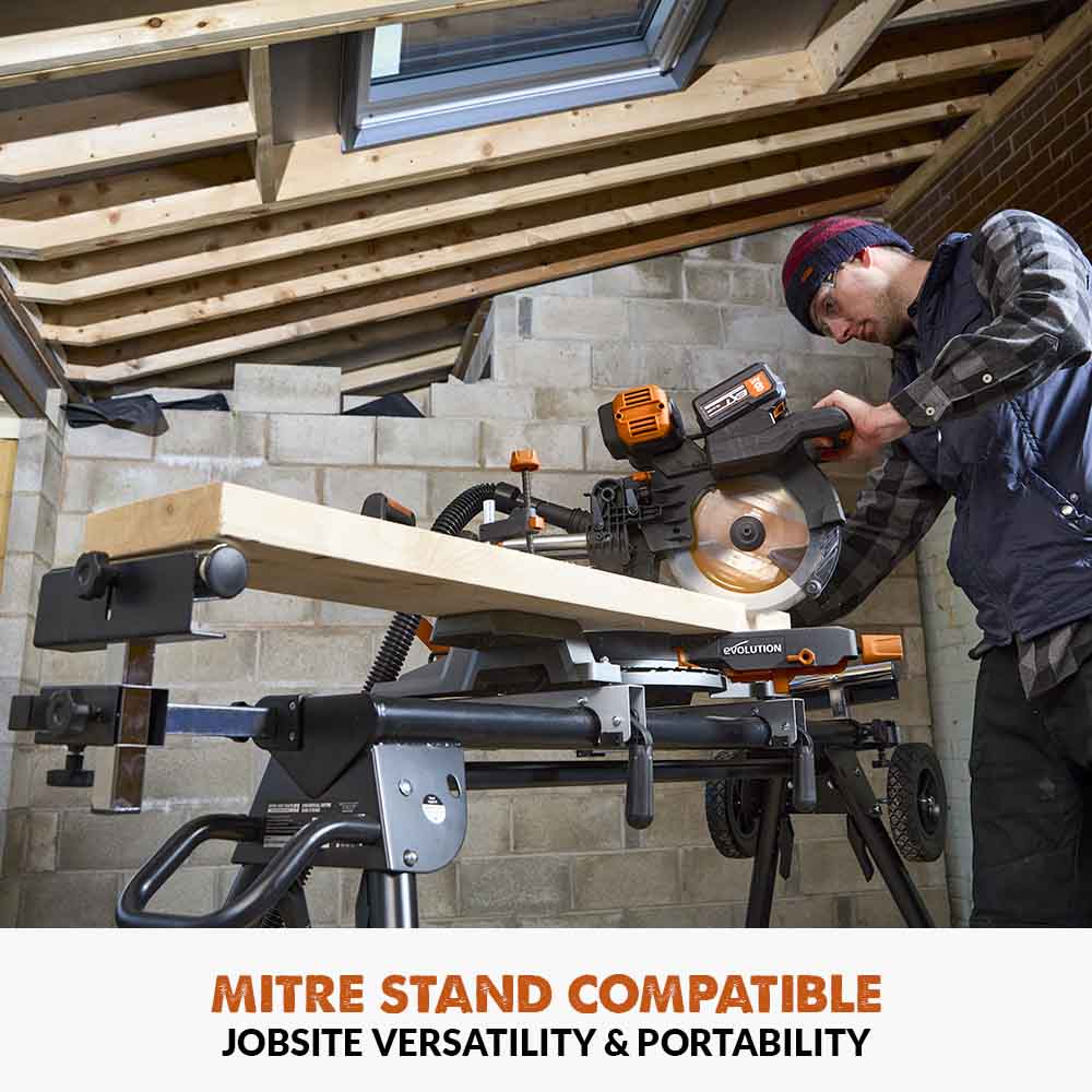 Evolution Cordless R255SMS-DB-Li  Double Bevel Mitre Saw & XL Stand