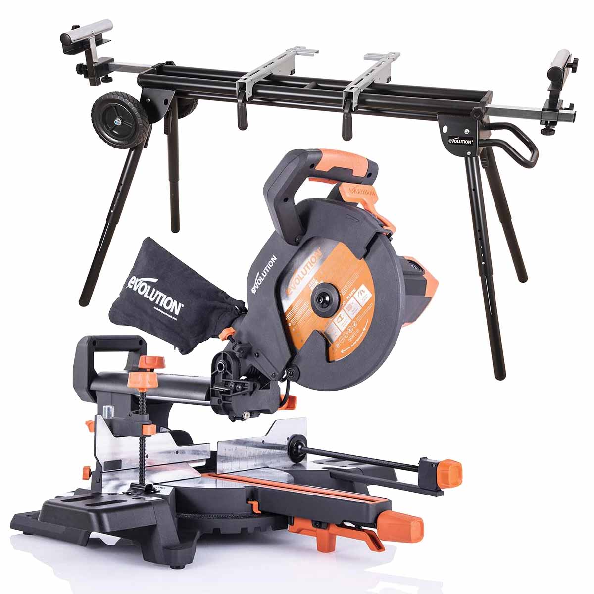 Evolution R255SMS+ 255mm Sliding Compound Mitre Saw & Evolution XL Rolling Mitre Saw Stand Bundle