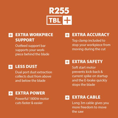 Evolution R255TBL+ (230V) Table Saw With 255mm Multi-Material Cutting Blade