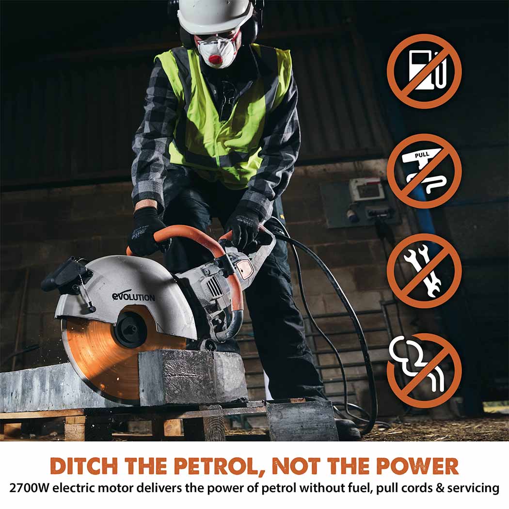 Scie à disque/à béton électrique Evolution R350DCT avec système d'aspiration des poussières et lame diamantée de qualité supérieure de 350 mm