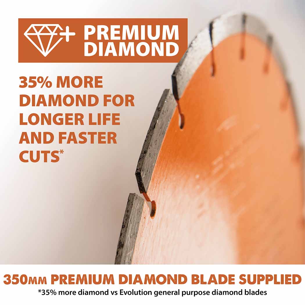 Evolution 350mm Premium Diamond Disc Cutter Blade With High Diamond Concentration, Segmented Edge and 22.2mm Bore