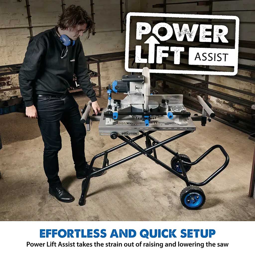 Evolution S355MCS Mitre Chop Saw Wheeled Stand With Powerlift Assist