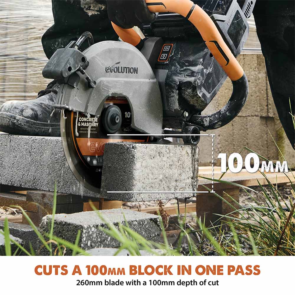 Evolution R260DCT-Li Cordless Disc Cutter / Concrete Saw With Automatic Water-Fed Dust Suppression and 260mm Premium Thin Kerf Diamond Blade