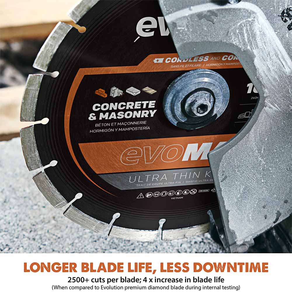 Evolution R260DCT-Li Cordless Disc Cutter / Concrete Saw With Automatic Water-Fed Dust Suppression and 260mm Premium Thin Kerf Diamond Blade
