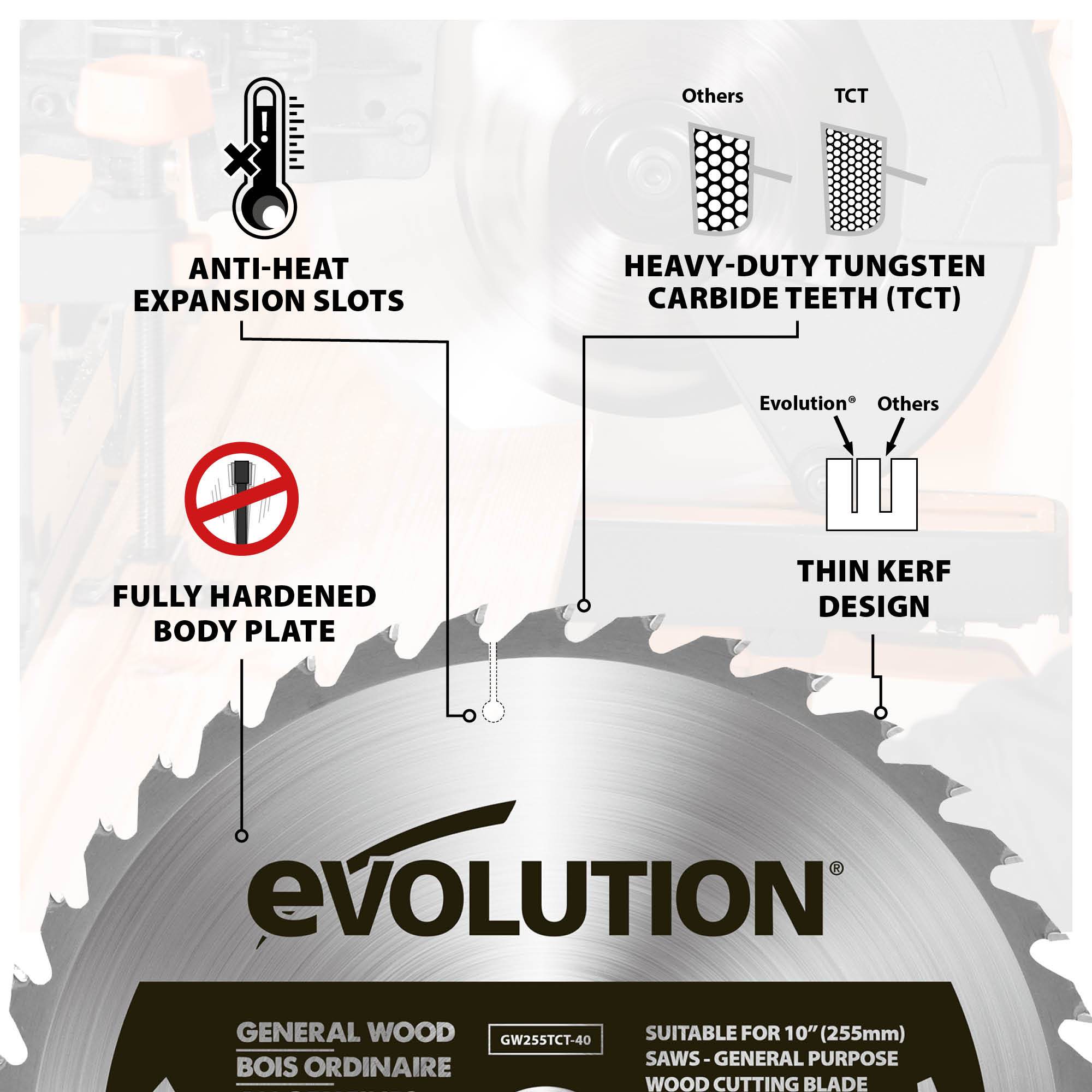 Evolution 255mm General Wood Cutting 40T TCT Mitre & Table Saw Blade