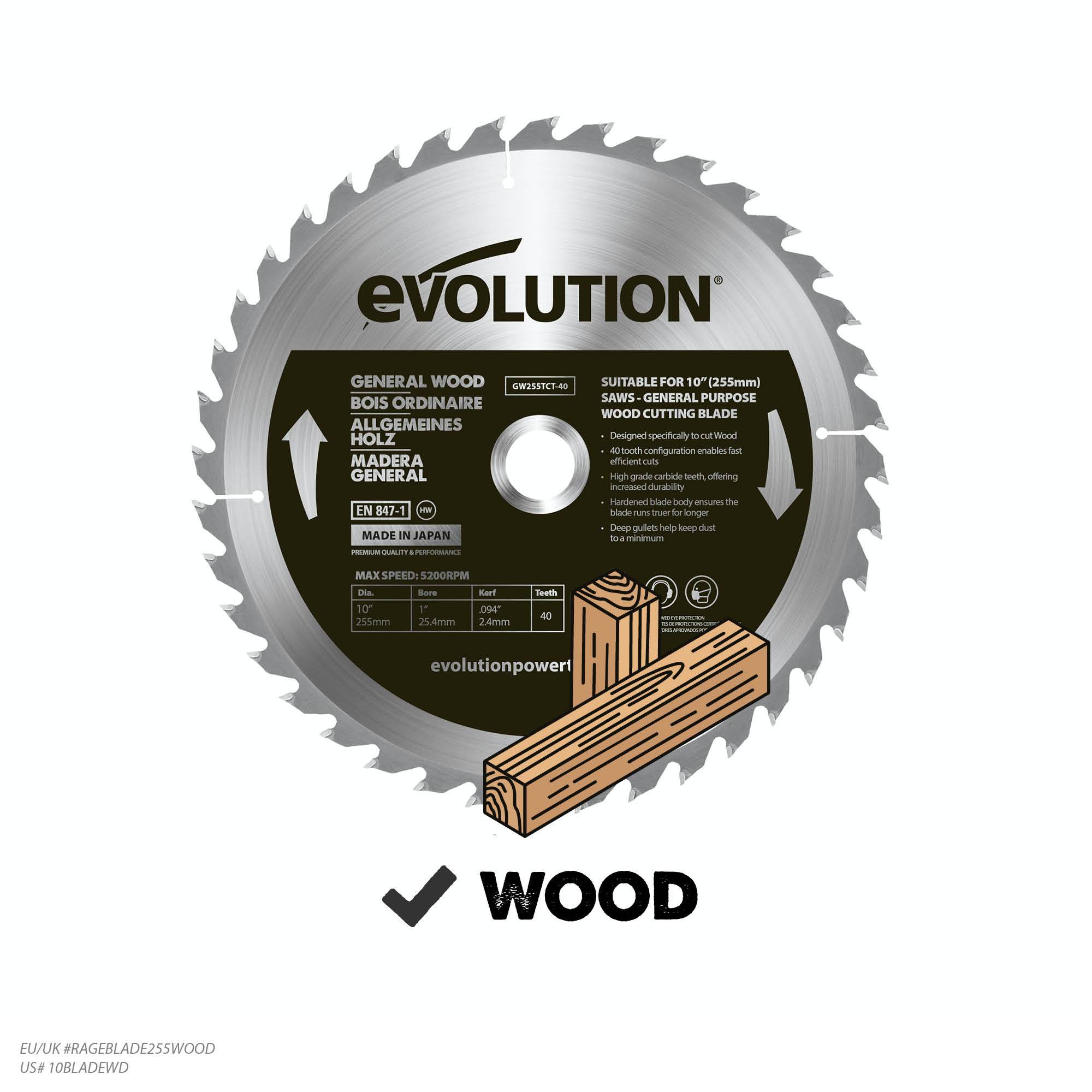 Evolution 255mm General Wood Cutting 40T TCT Mitre & Table Saw Blade