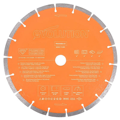 Evolution 255mm Premium Diamond Disc Cutter Blade With High Diamond Concentration, Segmented Edge and 22.2mm Bore