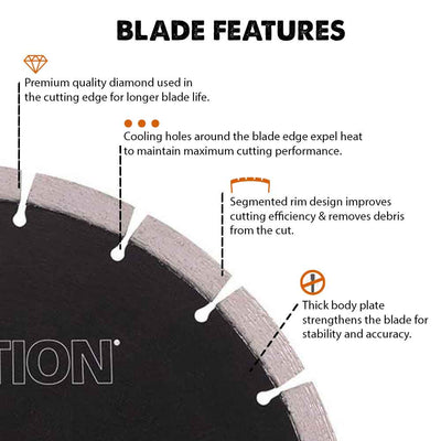 Lame diamantée multi-usages Evolution 255 mm à arête segmentée, alésage de 22,2 mm, pour la coupe du béton, de la pierre, de la brique et du métal.