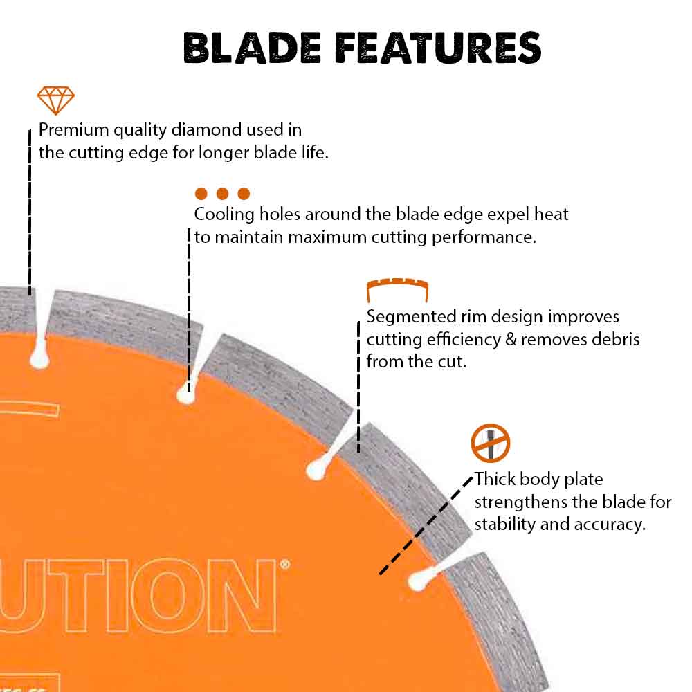 Evolution 350mm Premium Diamond Disc Cutter Blade With High Diamond Concentration, Segmented Edge and 22.2mm Bore
