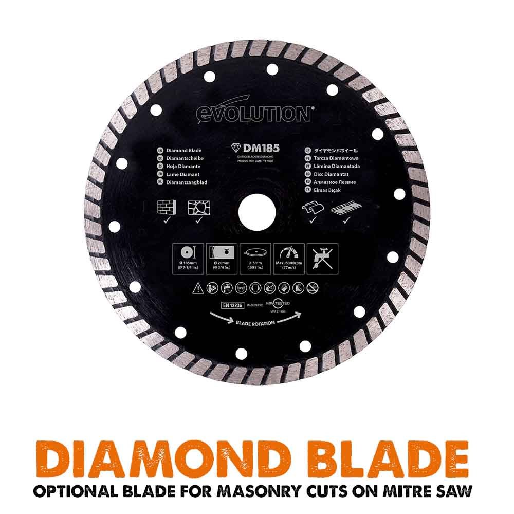 Evolution R185SMS+ 185mm Sliding Compound Mitre Saw With TCT Multi-Material Cutting Blade (230V)