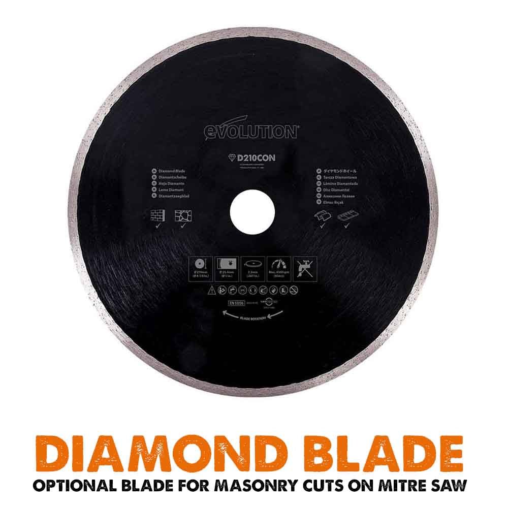 Evolution R210SMS+ 210mm Sliding Compound Mitre Saw With TCT Multi-Material Cutting Blade