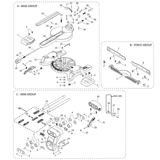 Evolution R255SMS-DB Spare Parts (Neck, Rails, Base) - Evolution Power Tools UK