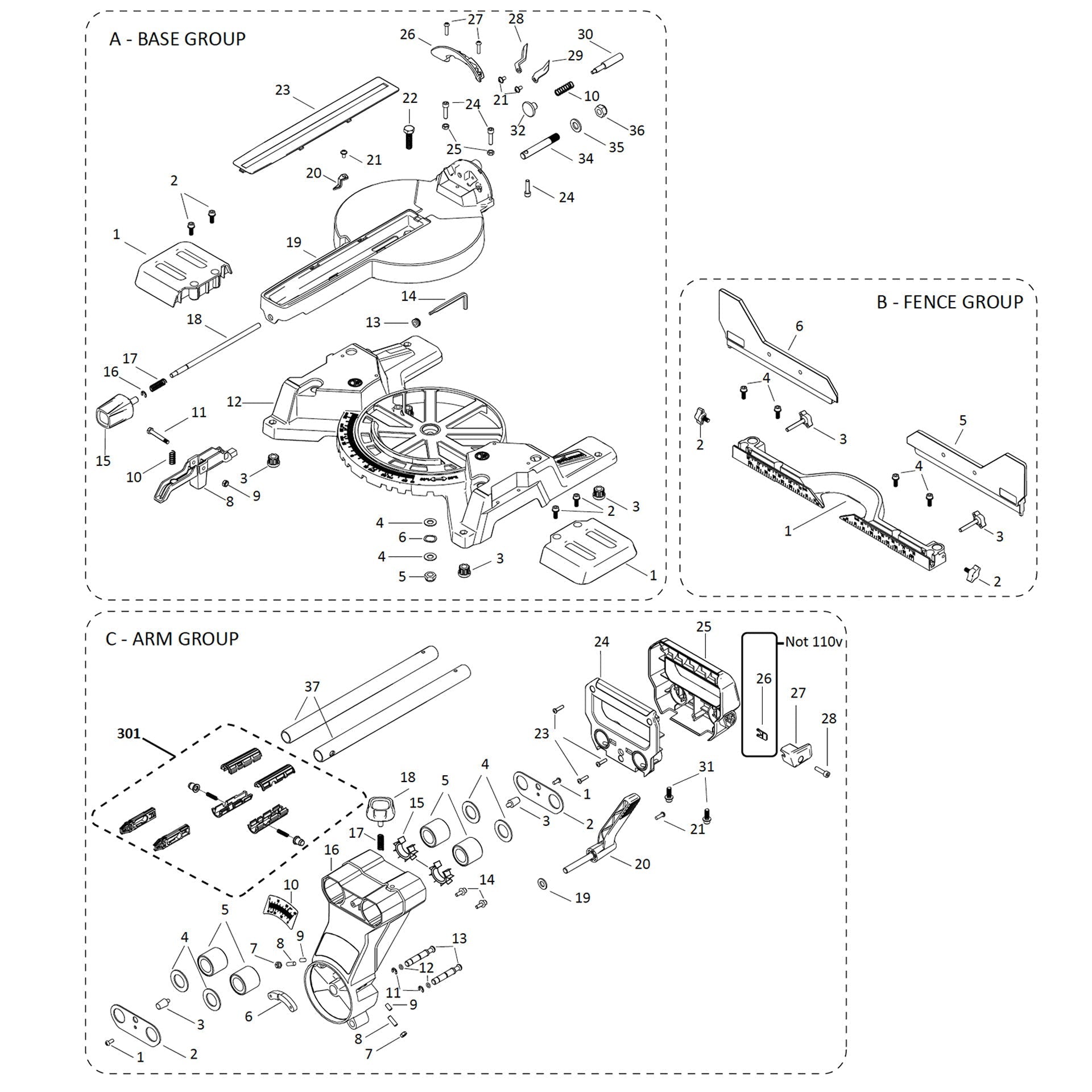 Evolution R255SMS-DB+ Spare Parts (Neck, Rails & Base)