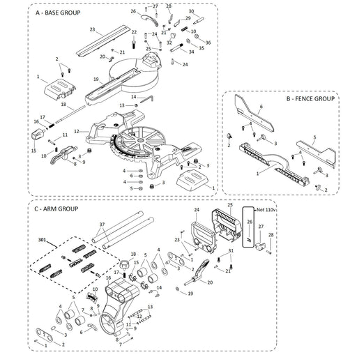 Evolution R255SMS-DB+ Spare Parts (Neck, Rails & Base) - Evolution Power Tools UK