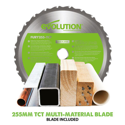 Evolution F255SMS (230V) Compound Mitre Saw With 255mm Multi-Material Cutting Blade