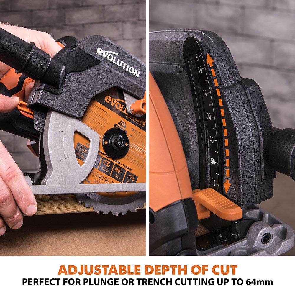 Evolution R185CCS Circular Saw with 185mm TCT Multi-Material Cutting Blade