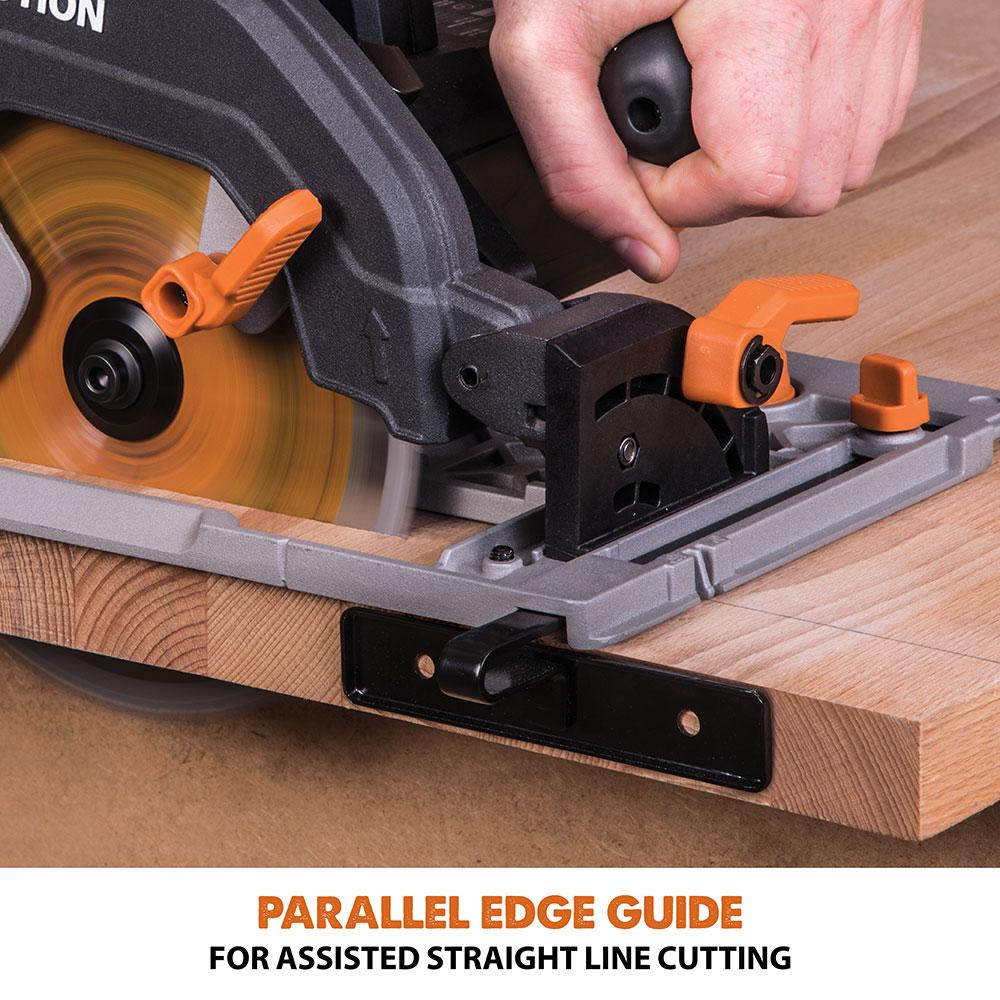 Scie circulaire/sur rail Evolution R185CCSX avec mini-rail 3 pièces de 1020 mm et lame de coupe multi-matériaux TCT de 185 mm