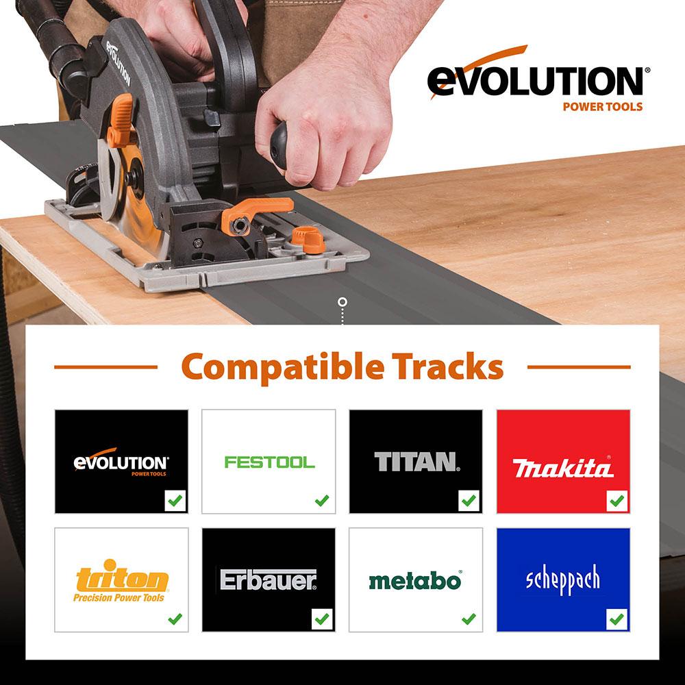 Scie circulaire/sur rail Evolution R185CCSX avec mini-rail 3 pièces de 1020 mm et lame de coupe multi-matériaux TCT de 185 mm