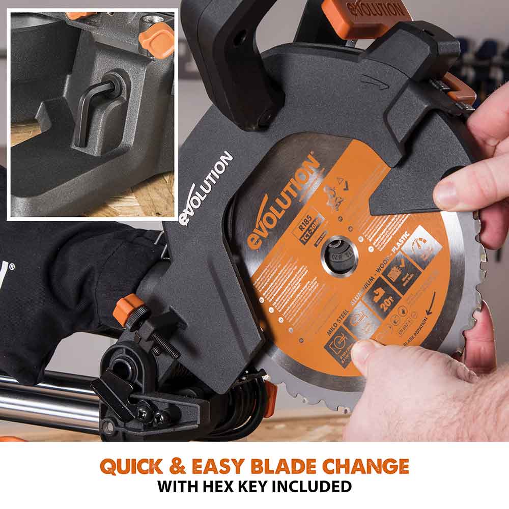 Evolution R185SMS+ (230V) Sliding Mitre Saw With 185mm Multi-Material Cutting Blade