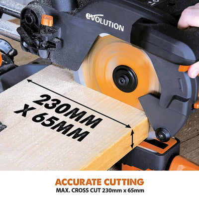 Evolution R210SMS+ (110-230V) Sliding Mitre Saw With 210mm Multi-Material Cutting Blade