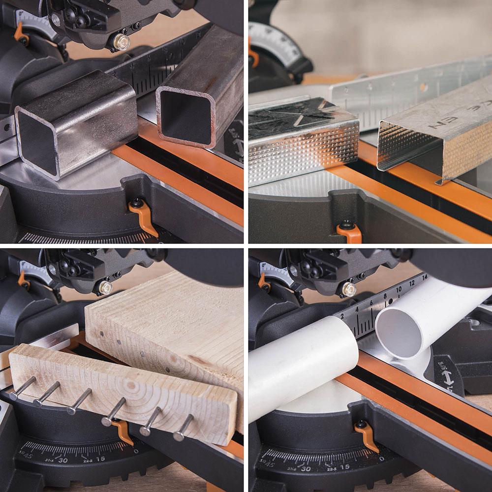 Evolution R210SMS+ (110-230V) Sliding Mitre Saw With 210mm Multi-Material Cutting Blade