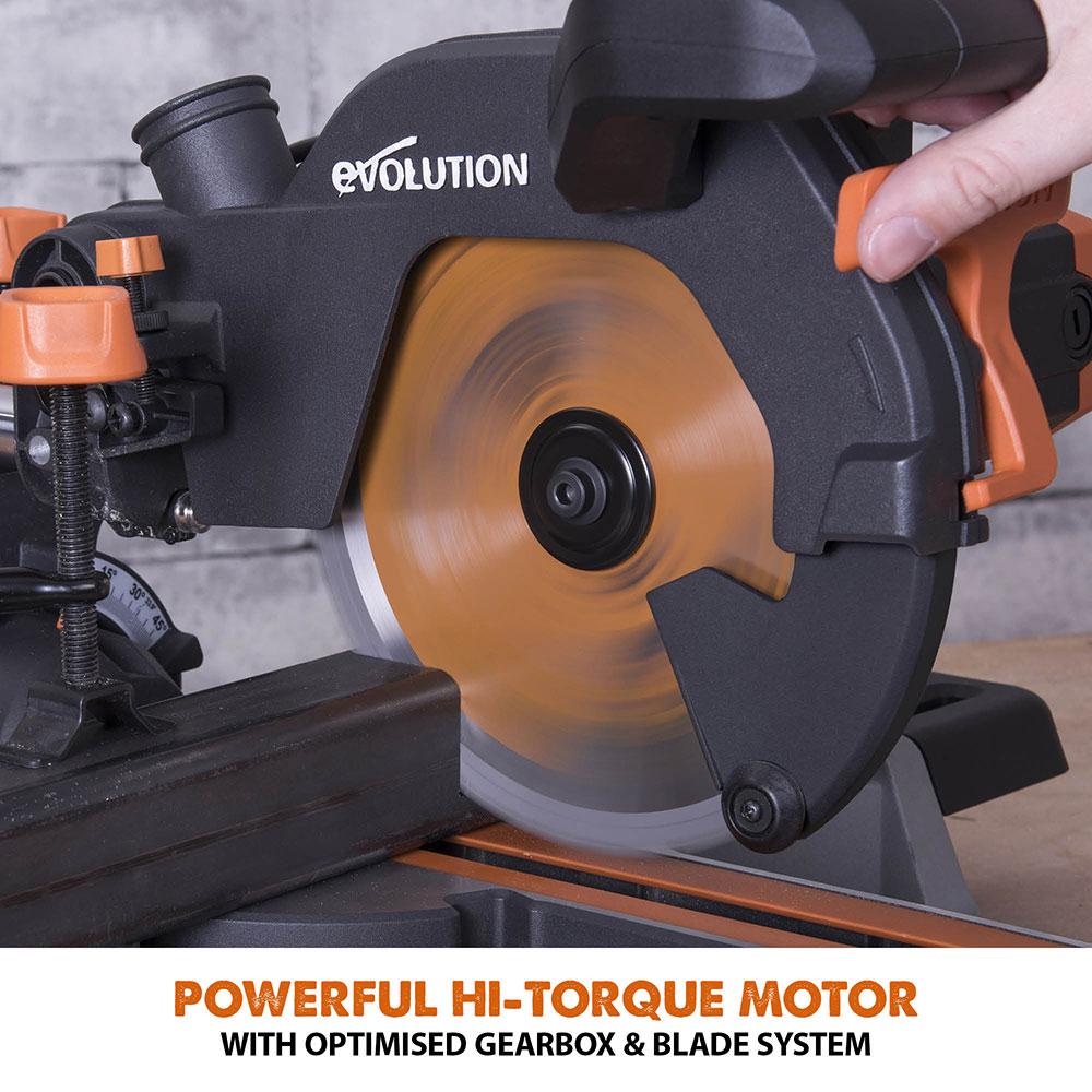 Evolution R210SMS+ (110-230V) Sliding Mitre Saw With 210mm Multi-Material Cutting Blade