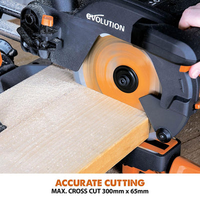 Evolution R210SMS-300+ (110-230V) Sliding Mitre Saw With 210mm Multi-Material Cutting Blade