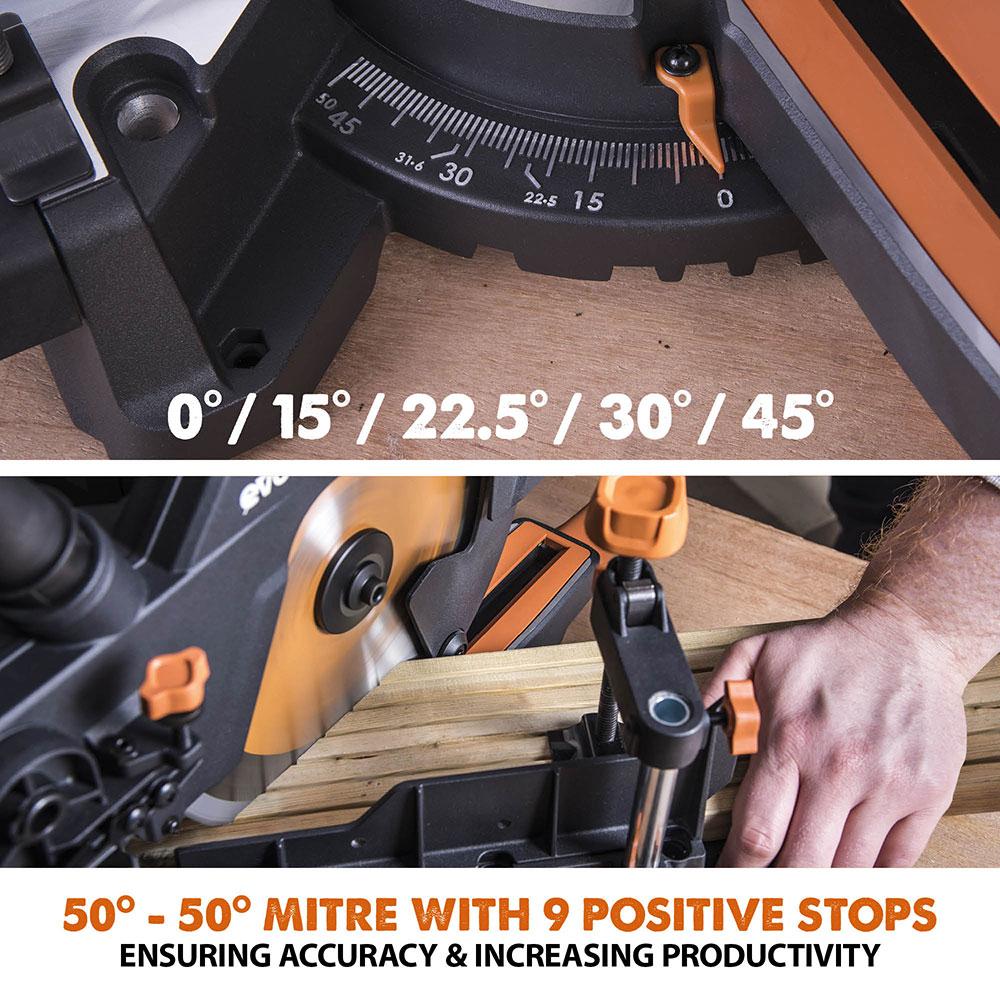 Evolution R210SMS-300+ (110-230V) Sliding Mitre Saw With 210mm Multi-Material Cutting Blade