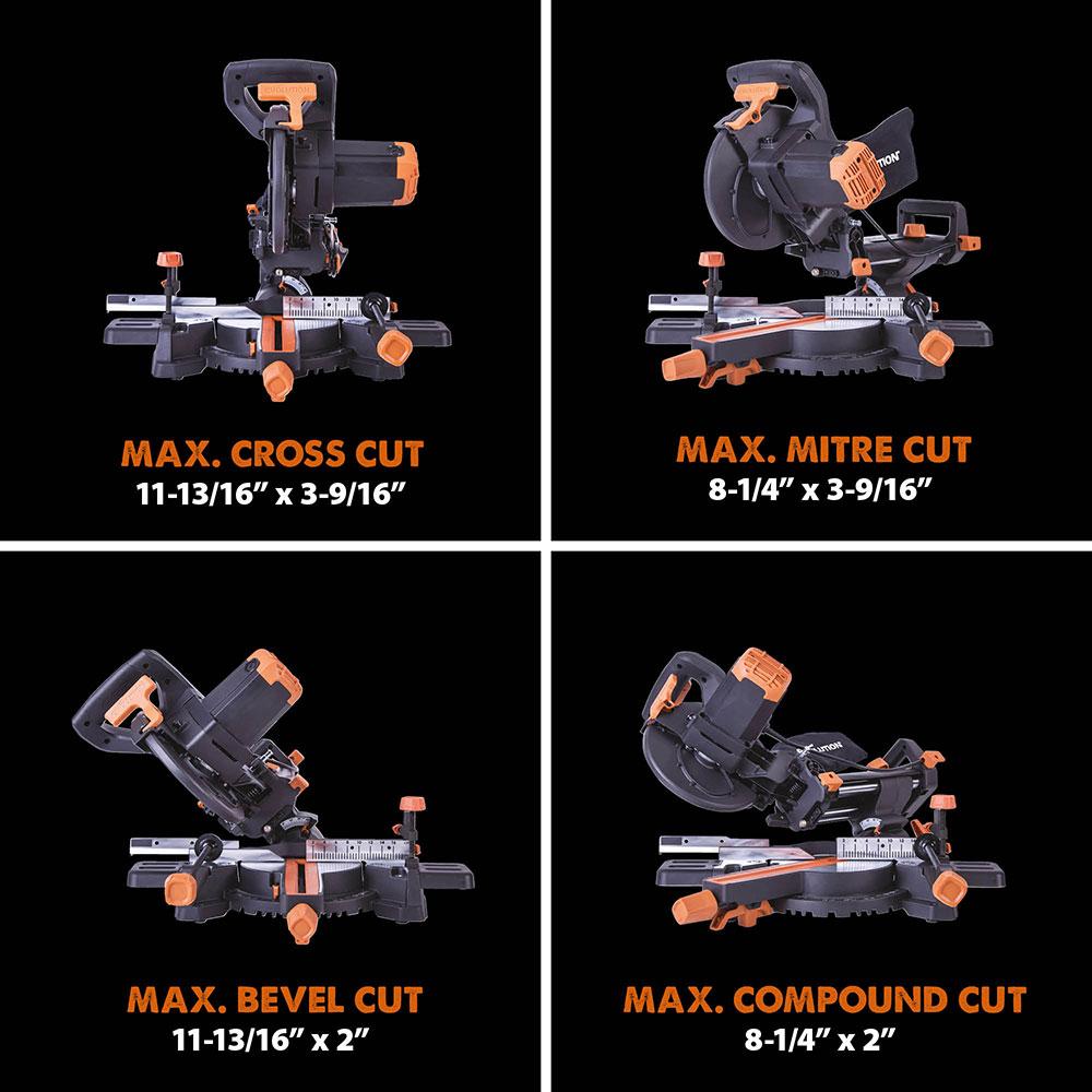 Evolution R210SMS-300+ (110-230V) Sliding Mitre Saw With 210mm Multi-Material Cutting Blade
