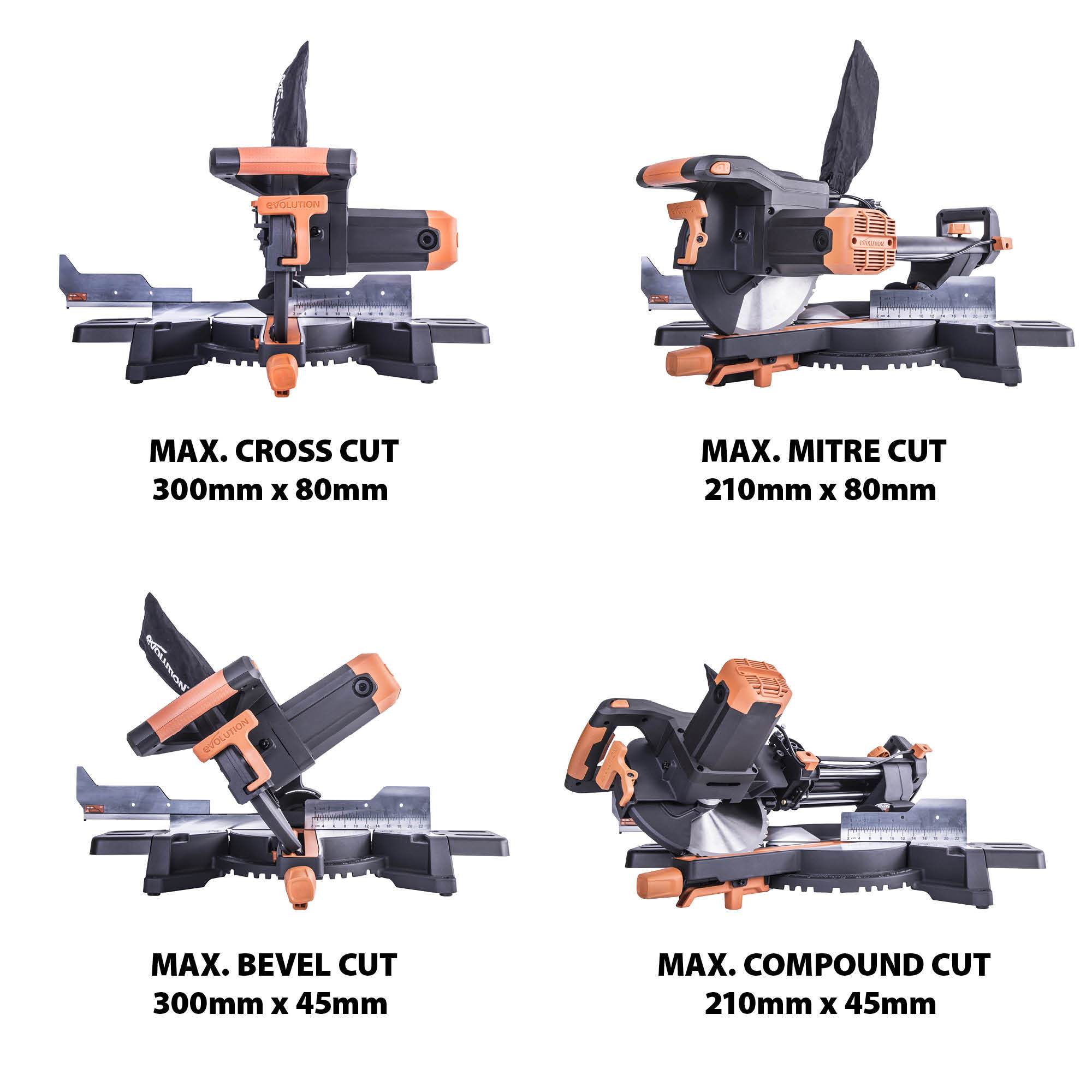 Evolution R255SMS+ (110-230V) Sliding Mitre Saw With 255mm Multi-Material Cutting Blade