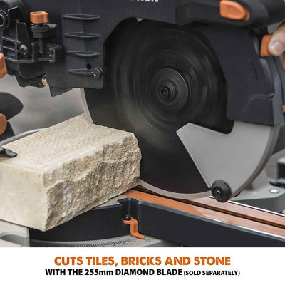 Evolution R255SMS-DB 255mm Double Bevel Sliding Mitre Saw With TCT Multi-Material Cutting Blade
