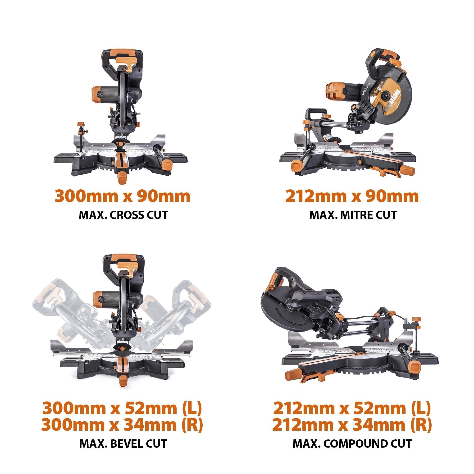 Evolution R255SMS-DB+ (110-230V) Double Bevel Sliding Mitre Saw With 255mm Multi-Material Cutting Blade and 255mm TCT Wood Blade