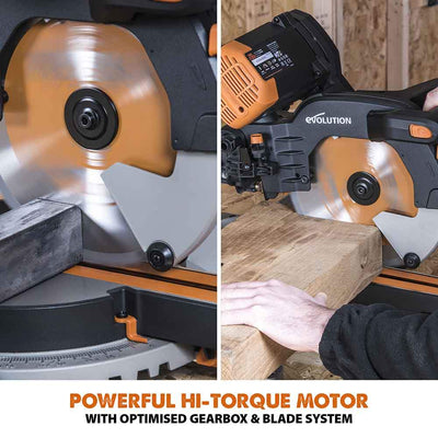 Evolution R255SMS-DB 255mm Double Bevel Sliding Mitre Saw With TCT Multi-Material Cutting Blade