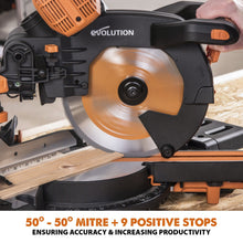 Evolution R255SMS-DB+ (110-230V) Double Bevel Sliding Mitre Saw With 255mm Multi-Material Cutting Blade and 255mm TCT Wood Blade