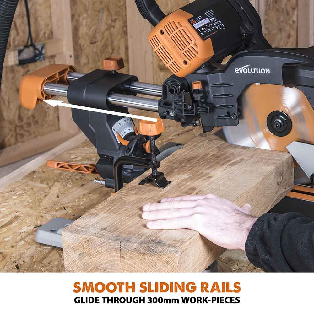 Evolution R255SMS-DB 255mm Double Bevel Sliding Mitre Saw With TCT Multi-Material Cutting Blade