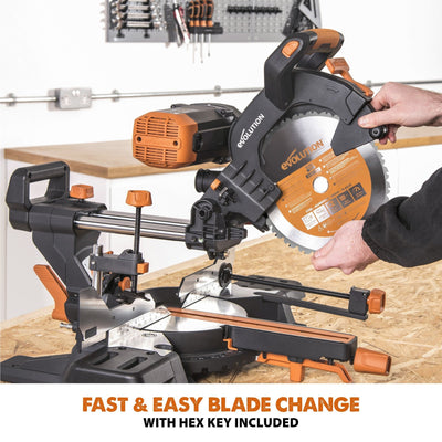Evolution R255SMS-DB+ (110-230V) Double Bevel Sliding Mitre Saw With 255mm Multi-Material Cutting Blade and 255mm TCT Wood Blade