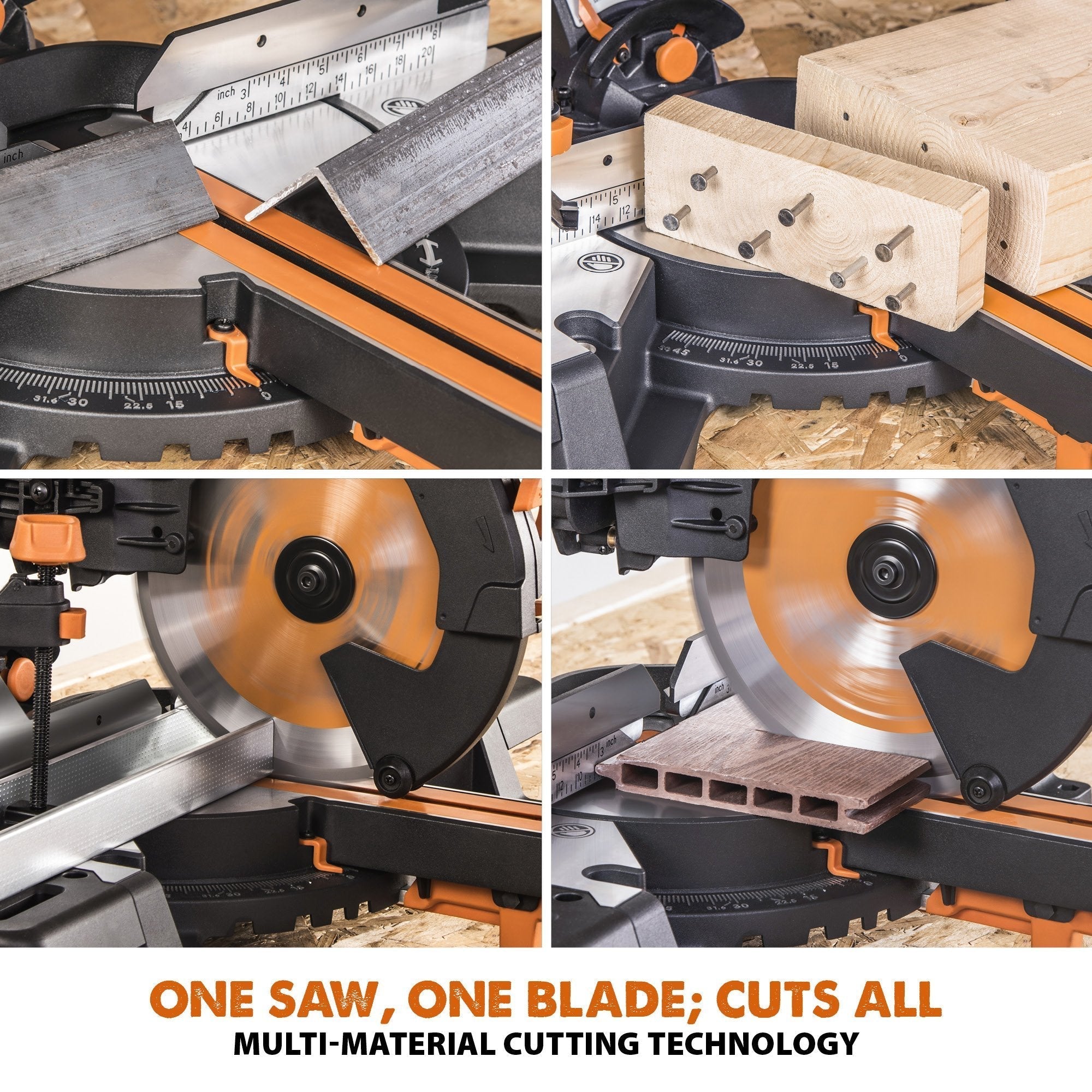 Evolution R255SMS-DB+ (110-230V) Double Bevel Sliding Mitre Saw With 255mm Multi-Material Cutting Blade and 255mm TCT Wood Blade