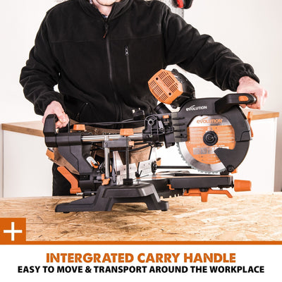 Evolution R255SMS-DB+ (110-230V) Double Bevel Sliding Mitre Saw With 255mm Multi-Material Cutting Blade and 255mm TCT Wood Blade