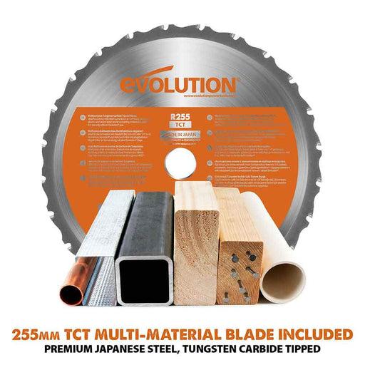 Evolution R255SMS-DB 255mm Double Bevel Sliding Mitre Saw With TCT Multi-Material Cutting Blade - Evolution Power Tools UK