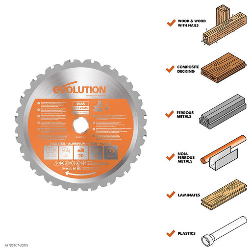 Evolution 185mm Multi-Material Cutting 20T Blade (Mitre Saws Only) - Evolution Power Tools UK